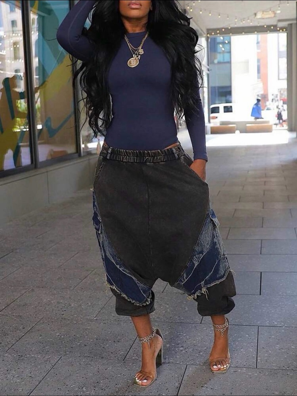 Women's Dark Washed Drop-Crotch Denim Jogger Jeans - Navy Accents